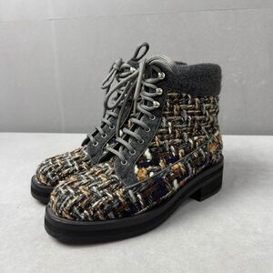 Authentic CHANEL Gray Tweed Lace Up Boots